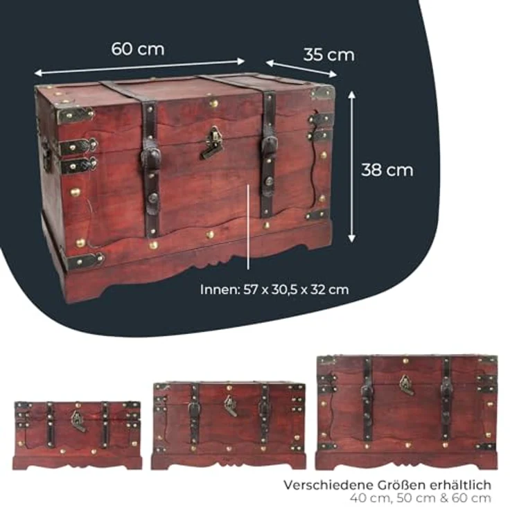 HMF Schatzkiste Schatztruhe Frankreich aus Holz mit dekorativem Metallschloss (1 St), handgefertigte Holztruhe, 60 x 35 x 38 cm – Bild 6