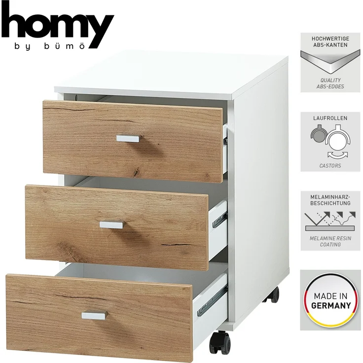 bümö Homy Rollcontainer mit Schubladen, Container aus Holz in Weiß-Eiche - Rollwagen für's Büro als Schreibtisch Unterschrank, Bürocontainer od. Schreibtischcontainer, HYRC-513 – Bild 2