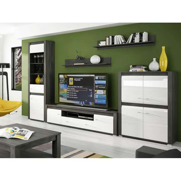 Wohnzimmer-Set Sevilla Wohnwand 5-teilig schwarzkiefer / MDF weiß Hochglanz
