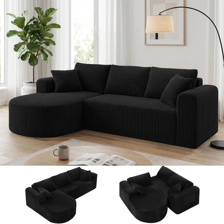 COMHOMA Ecksofa mit Schlaffunktion, 263cm Corduroy Modulares Boneless Couch mit Chaiselongue, L-Form Schlafsofa, Sektionssofas mit Kissen & Seitentaschen,Sofa für Wohnzimmer, Keine Montage, Schwarz