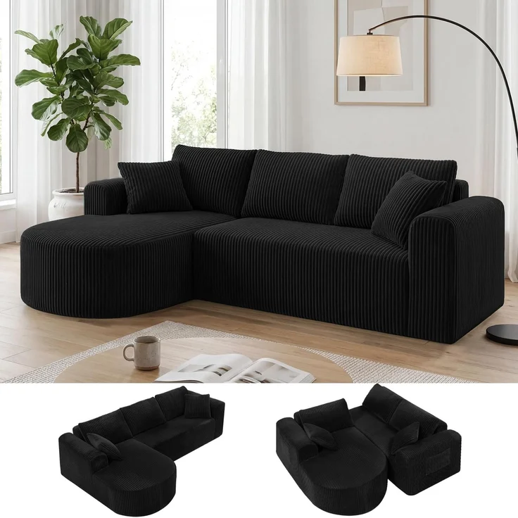 COMHOMA Ecksofa mit Schlaffunktion, 263cm Corduroy Modulares Boneless Couch mit Chaiselongue, L-Form Schlafsofa, Sektionssofas mit Kissen & Seitentaschen,Sofa für Wohnzimmer, Keine Montage, Schwarz – Bild 1