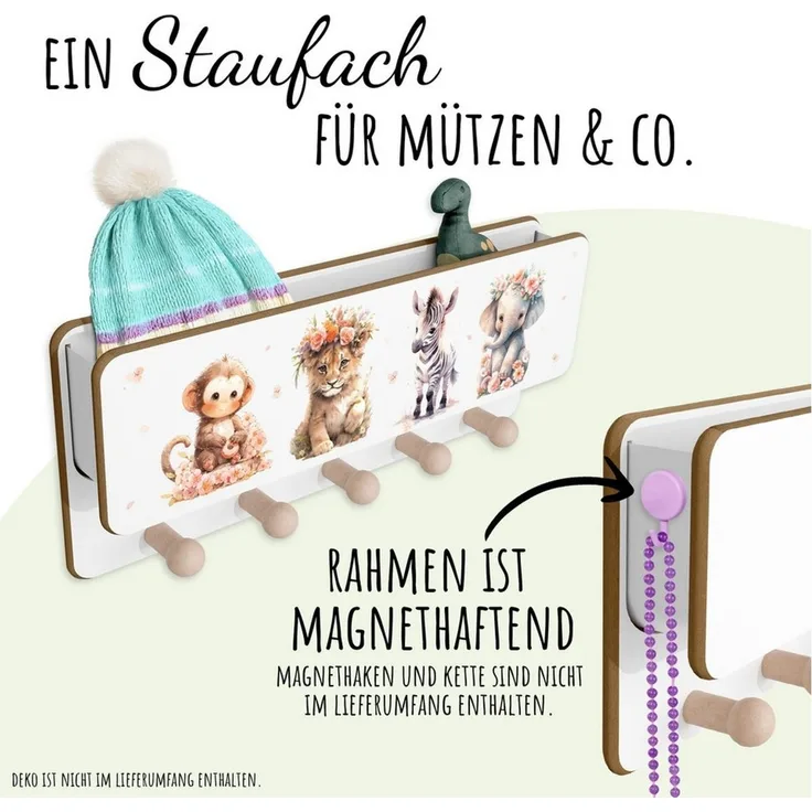 Holzura Kinderregal Kindergarderobe aus Holz mit Ablage und magnethaftendem Rahmen.