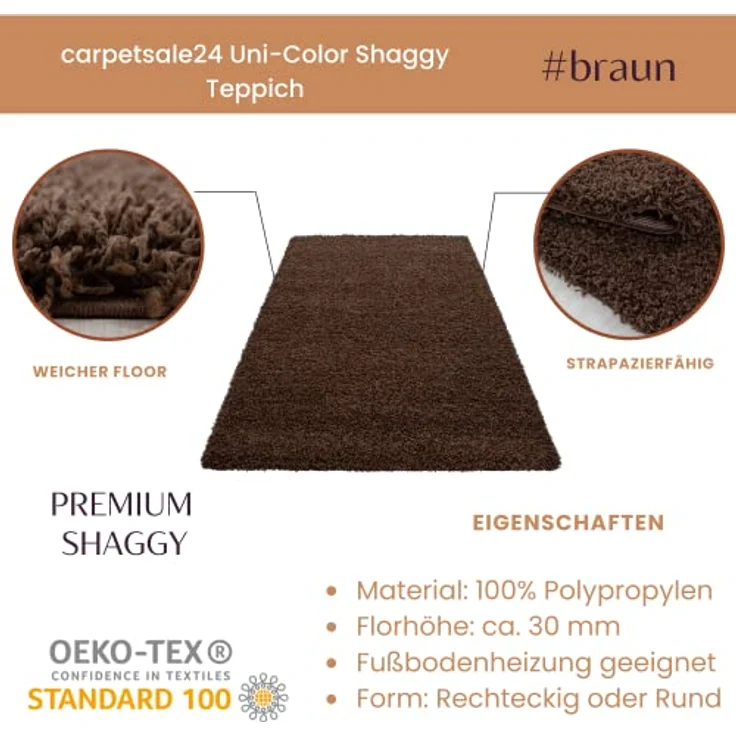Carpetsale24 Shaggy Hochflor Teppich 60x110 cm Braun weich flauschig modern einfarbig Für Flur oder kleine Räume für Wohnzimmer Schlafzimmer Flur – Bild 3