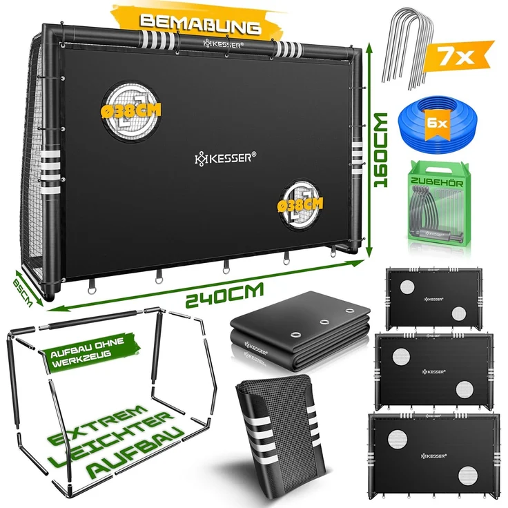 KESSER® Fußballtor, Outdoor Schusstraining, mit Torwand, UV-beständiges Netz, Stahlrahmen mit Polsterung, Erdhaken, Luftpumpe, Montagezubehör für Kinder und Erwachsene, Schwarz, 240cm – Bild 7