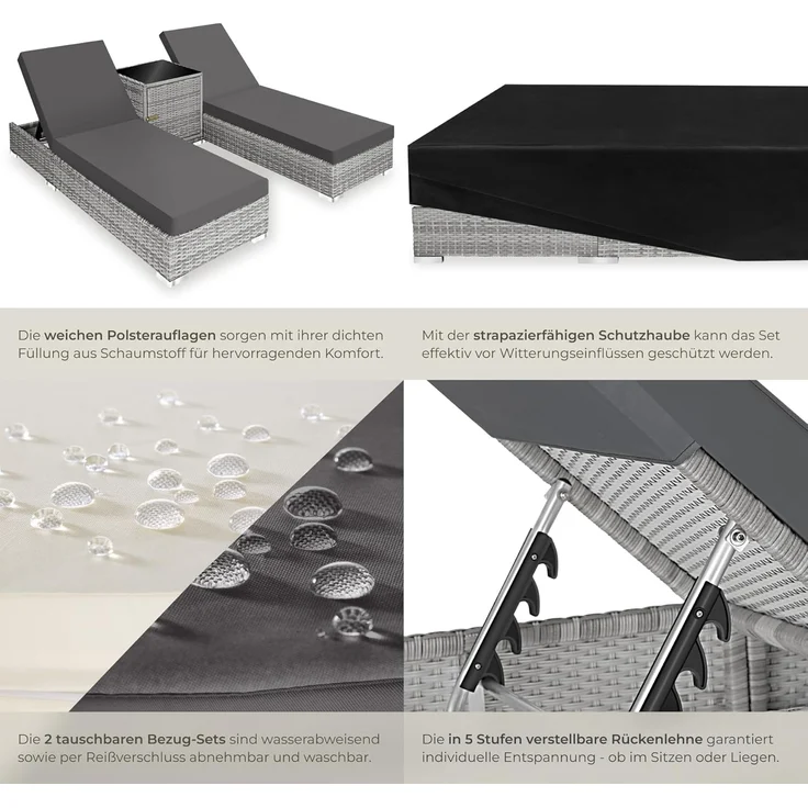 tectake 2er Lounge Sonnenliegen Set Plus Tisch – inkl. 2 Bezugsets und Schutzhülle, Outdoor Poly Rattan Gartenmöbel Set, 2X Gartenliege wetterfest - hellgrau – Bild 5