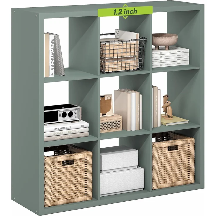 Furinno Cubicle Bücherregal, 9-Würfel Bücherregal mit dickem Rahmen, wendbares Regal mit offener Rückwand, 14.6" x 43.8" x 43.8", für Wohnzimmer, Schlafzimmer, Homeoffice, Salbeigrün