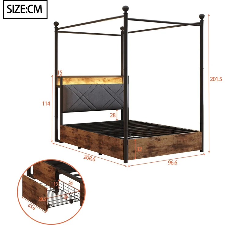 Himmelbett mit LED, USB-Anschluss & gepolstertem Kopfteil, 90x190 cm, Schwarz, ohne Matratze – Bild 5