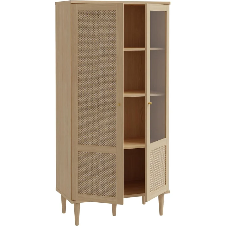Forte CALASETTA Vitrine 80, Boho-Vitrinenschrank mit Rattangeflecht, 2-türig, Holzwerkstoff, Elegancia Eiche | Technorattan, 80,1 cm breit x 166,6 cm hoch x 41,4 cm tief – Bild 7