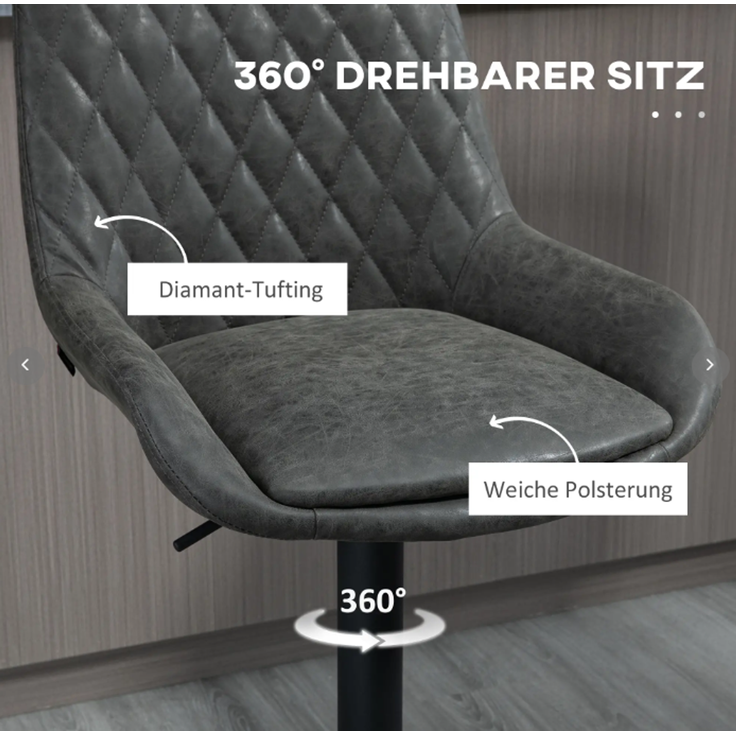 2er-Set Barhocker höhenverstellbar mit Rückenlehne, Küchenhocker Kunstleder Dunkelgrau für Bar und Küche |.de--Dunkelgrau--51x59x117cm--YOUDENOVA – Bild 6