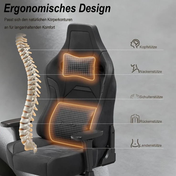 Devoko Gaming-Stuhl Luxuriöser Wildlederimitat,Ergonomisch & Großzügigem Sitz,Bürostuhl, Verstellbare Rückenlehne 90°–135°,3D-verstellbare Armlehnen – Bild 3
