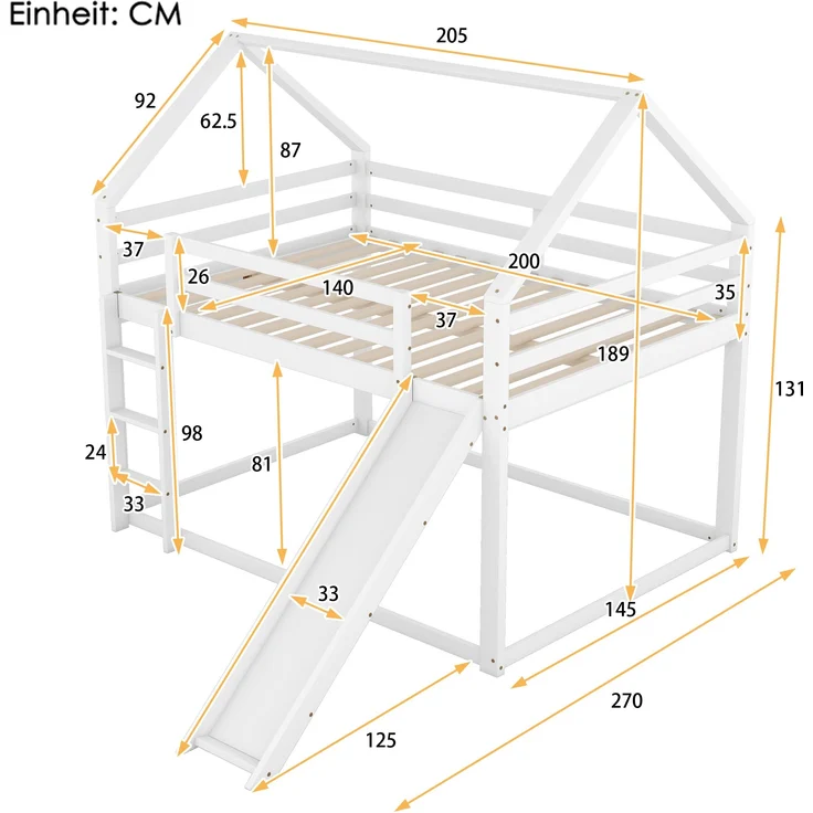 Bett 140x200 cm Haus-Etagenbett mit Rutsche und Leiter – zwei großzügige Liegeflächen für Kinderzimmer – Bild 2