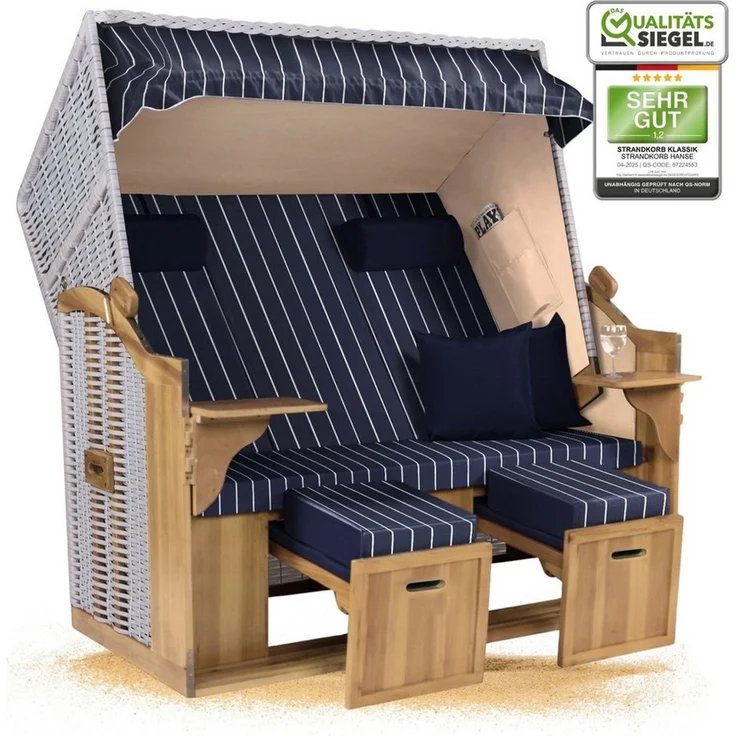 Strandkorb Hanse Strandkorb Strandkorb XXL Ostsee 2,5-Sitzer Volllieger Weiß Blau, BxTxH: 150x80x160 cm, Ostsee XXL Volllieger, Ostsee 2,5-Sitzer Modell 2025, Stabiles Wacholder mit handgefertigtem Polyrattangeflecht – Bild 1