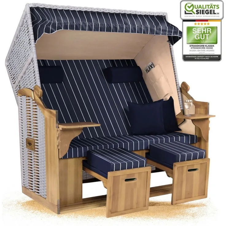Strandkorb Hanse Strandkorb Strandkorb XXL Ostsee 2,5-Sitzer Volllieger Weiß Blau, BxTxH: 150x80x160 cm, Ostsee XXL Volllieger, Ostsee 2,5-Sitzer Modell 2025, Stabiles Wacholder mit handgefertigtem Polyrattangeflecht