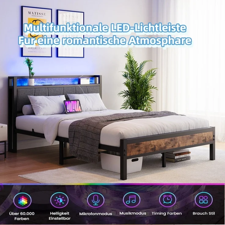 Homerecommend Metallbett 120x200 cm, Einzelbett und Jugendbett, mit RGB-LED-Beleuchtung und 2 USB-Anschlüssen, Vintage Braun & Schwarz – Bild 4