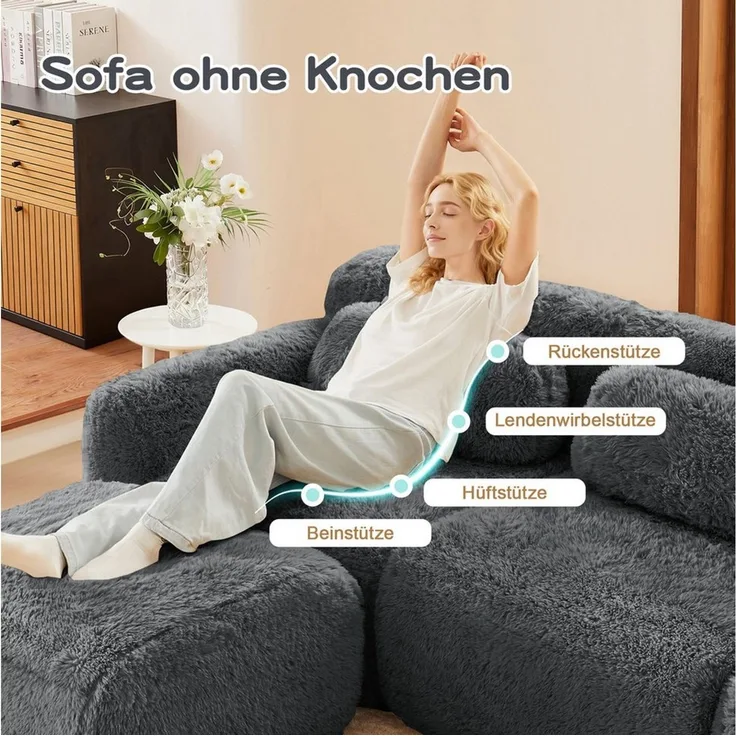 Odikalo Sofa Ecksofa Schlafsofa Modulares Sofa, Plüschstoff, L-förmiges 2-Sitzer Sofa, weicher Plüschstoff, modular, frei kombinierbar, mit Kissen. Weich, hochelastischer Schaumstoff, keine Montage erforderlich, geeignet für kleine Wohnzimmer und Räume