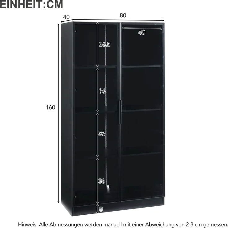 Glasvitrine mit APP LED-Beleuchtung, doppeltürige Vitrine mit beweglichen Einlegeböden, 80*40*160cm,Hochschrank für Wohnzimmer, Standvitrine,Badezimmerschrank – Bild 3