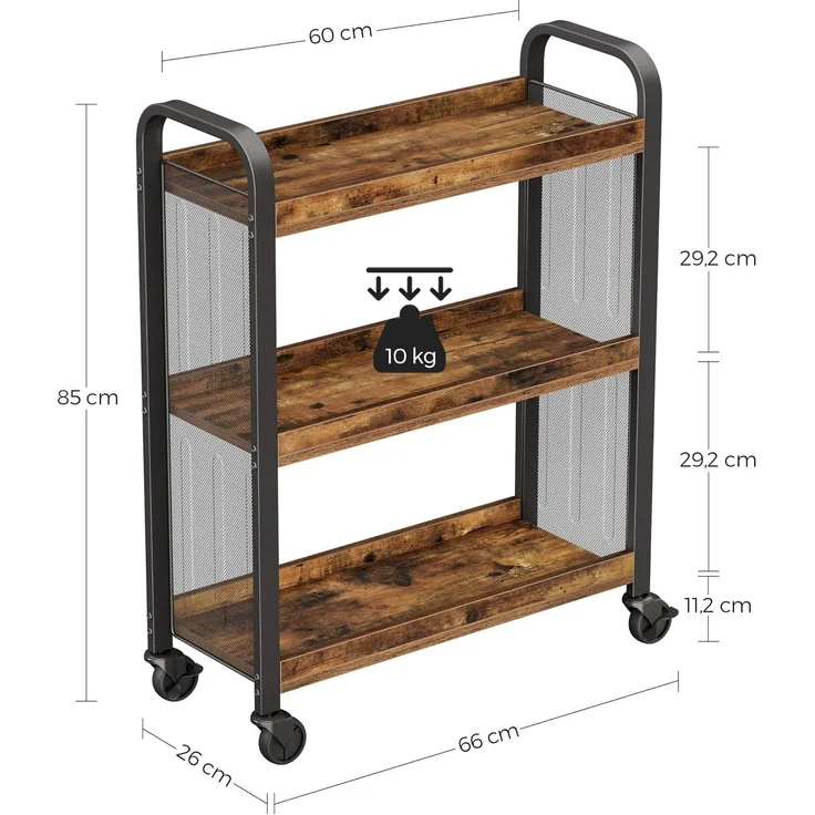 Vasagle Servierwagen, platzsparender Küchenwagen mit Universalrollen, Küchenregal mit verstellbaren Füßen, stabiles Metallgestell, 66 x 26 x 85 cm, Industrie-Design, Vintage, Dunkelbraun von Songmics LRC66BX – Bild 5