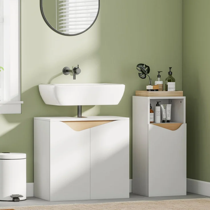Mobiler Waschtischunterschrank mit 2 gedämpften Türen für Waschbecken ohne Sockel, 60 x 35 x 57,9 cm, Weiß – Bild 4