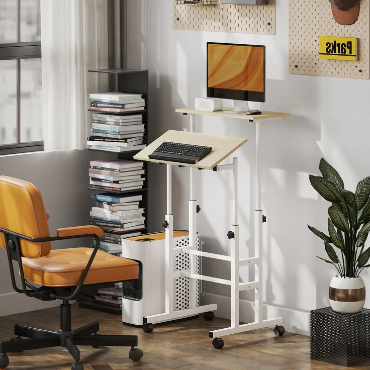 Steh-Sitz-Schreibtisch, höhenverstellbarer Schreibtisch, 60 x 60 cm, mit Rollen und neigbarer Tischplatte, Rahmen aus naturbelassenem Metall – Bild 10