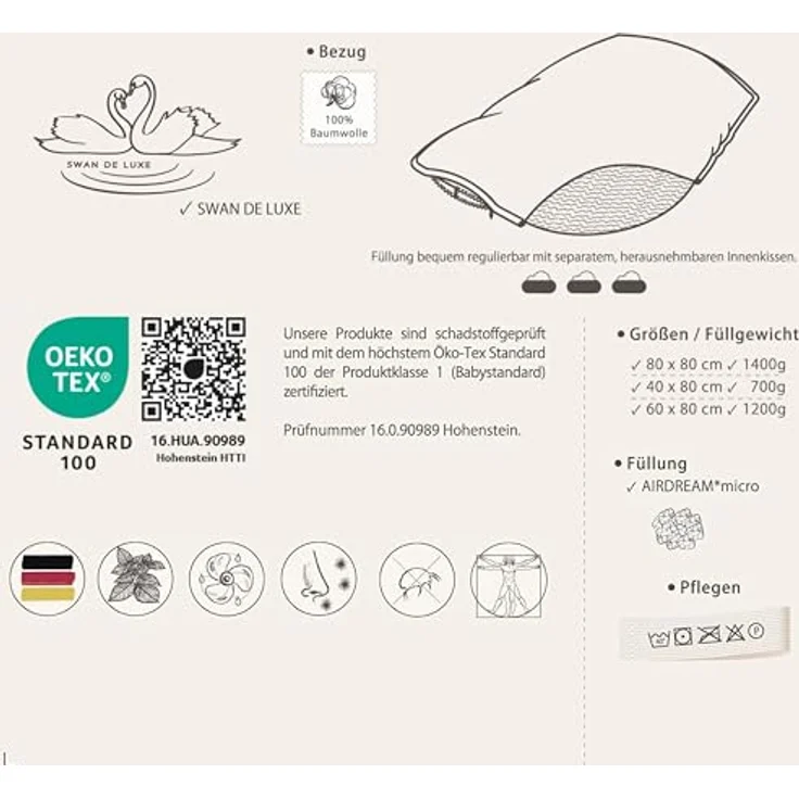 SEI Design Kopfkissen Kissen SWAN DE LUXE 80x80 Alternative zu Daunen, Füllung: 100% Polyester Mikrofaser, Bezug: 100% Baumwolle, Seitenschläfer, Rückenschläfer, Bauchschläfer, Schlafkissen, Mikrofaserfüllung Baumwollbezug 2x Reißverschluss – Bild 6