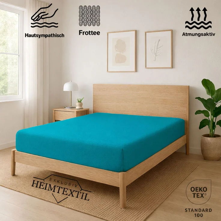 EXKLUSIV HEIMTEXTIL Frottee Spannbettlaken 60 - 70 x 140 cm Türkis 80% Baumwolle 20% Polyester Öko - Tex Zertifiziert Bed-Sheet Bettlaken Spannbetttuch Topper Leinentuch – Bild 2