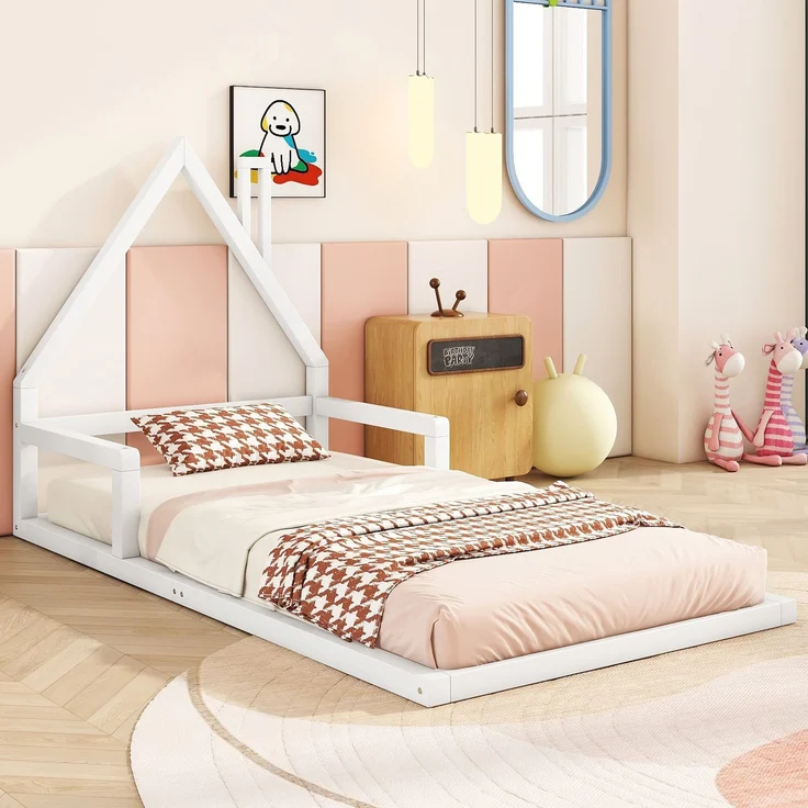 Kinderbett 90x200 cm in Hausform, Weiß,stabiles Flachbett mit 7 Lattenrosten, modernes Hausbett,leicht zu montieren und pflegeleicht – Bild 3