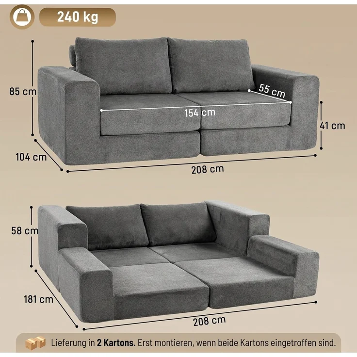 HOMCOM Schlafsofa, Polyester, Grau, 208 x 181 x 58 cm – Bild 3
