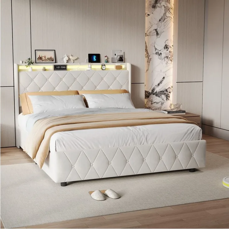 Furnishings Home Stauraumbett Polsterbett LED 90x200 cm, Doppelbett (1-tlg, Modernes Jugendbett, Leises Design Bett, Samtmaterial Polsterbett), Mit LED-Beleuchtung und Ladefunktion, Belastbarkeit 300 kg