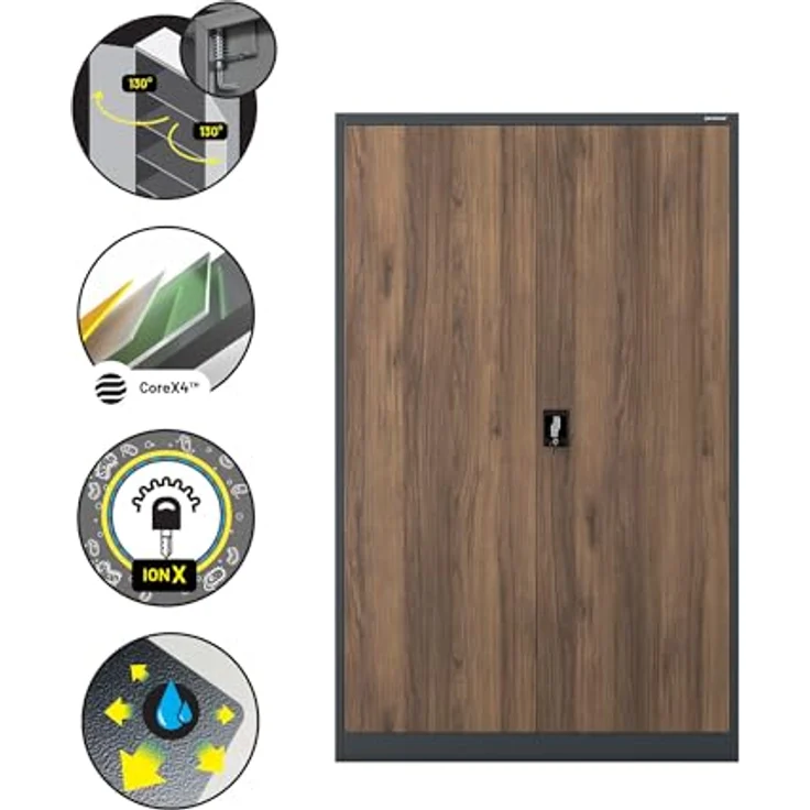 Jan Nowak Aktenschrank Metall 185 x 115 x 40 cm Büroschrank abschließbar Stahlschrank mit 4 verstellbaren Einlegeböden Dokumentenschrank Antrazit Nussbaum – Bild 12