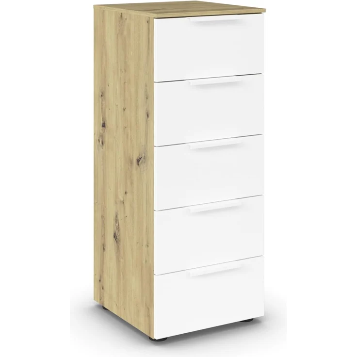 Rauch Möbel Flipp, Kommode für Schlafzimmer, Kinderzimmer, Wohnzimmer, Jugendzimmer, Flur, Garderobe, 5 Schubladen, mit Softclose Funktion, Farbe Eiche Artisan, Holz/Weiß, Breite 40 cm