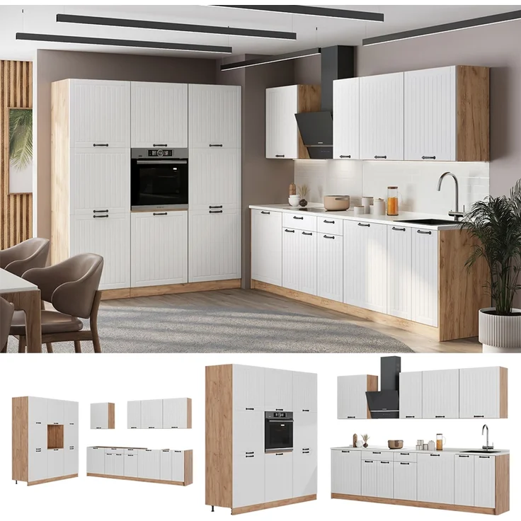 Küchenzeile Fame-Line Weiß Landhaus/Goldkraft Eiche 460 cm, AP Eiche Vicco – Bild 3