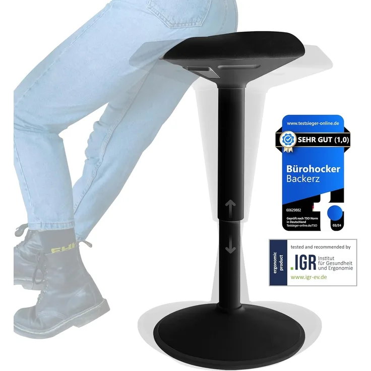 Backerz ergonomischer Wackel-Hocker - Bürohocker mit 55-80 cm Höhenverstellbar, Stehhocker, Arbeitshocker, kompakter Sitzhocker für Heim und Büro - Bezogen mit wasserabweisendem Stoff, Mattschwarz