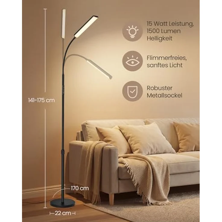 VASAGLE Stehlampe, Stehleuchte, Leselampe, 15 Watt, 141-175 cm höhenverstellbar, 360° drehbarer Schwanenhals, Timer- und Memory-Funktion, Fernbedienung, für Wohnzimmer, Mattschwarz LFL007BD02 – Bild 2