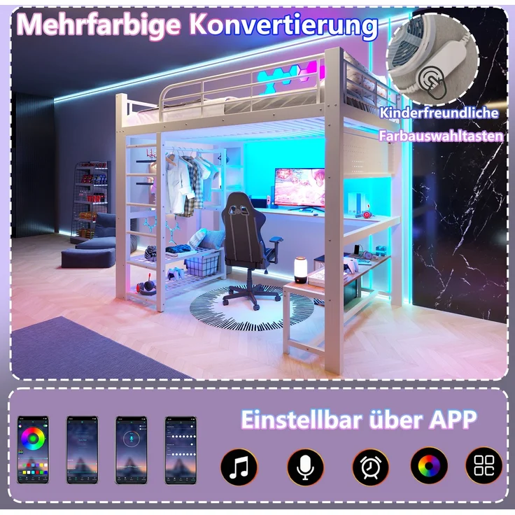 U-life Hochbett 140x200 cm, für Jugendliche, Gitter, LED-Beleuchtung, Treppenkonstruktionen, Praktisches Stauraumsystem, Metall, Weiß – Bild 7
