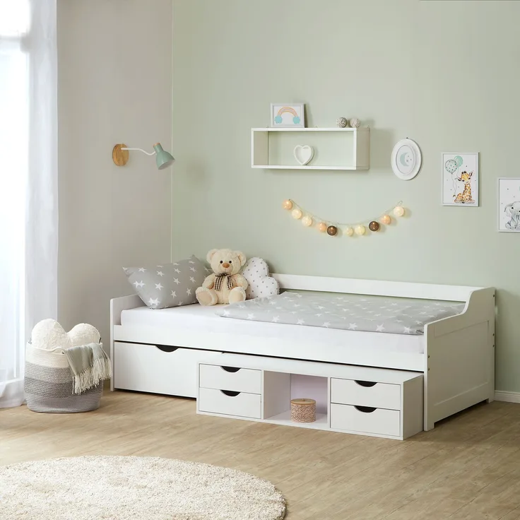 Homestyle4u Holzbett mit Schubladen, Kiefernholz massiv weiß, 90x200 cm