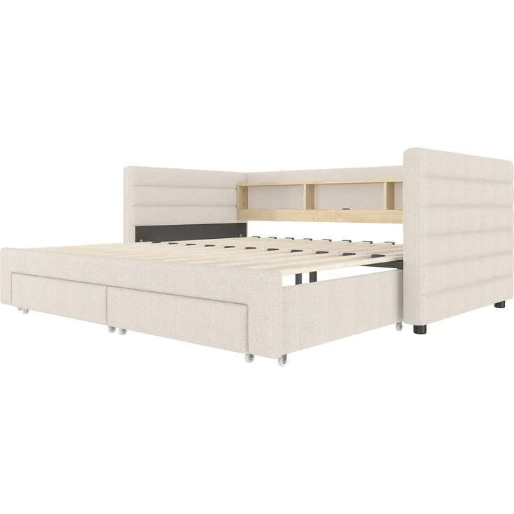 Tagesbett, Daybett, Schlafsofa, 90 × 190 cm, multifunktionales Ausziehbett-Design, USB- + Typ-C-Anschlüsse, mit zwei Schubladen, mehreren Staufächern, LED-Lichtleiste, Ohne Matratze, Samt, beige – Bild 10