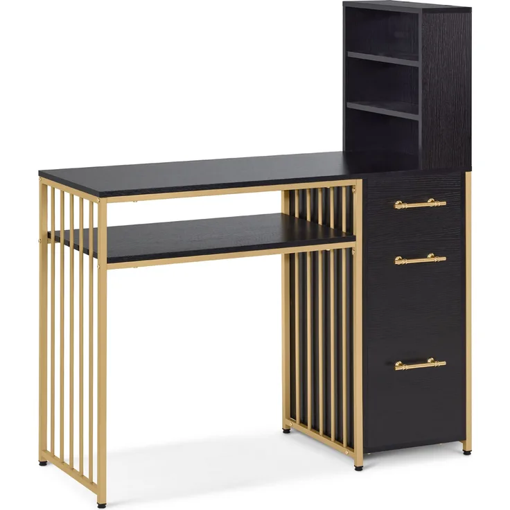 M MCombo Schreibtisch mit 3 Schubladen, Nageltisch aus Holz Metallgestell, Manikürtisch， Schminktisch ohne Spiegel Modern, Computertisch mit Regal Wohnzimmer, 43x108x125cm, 2420