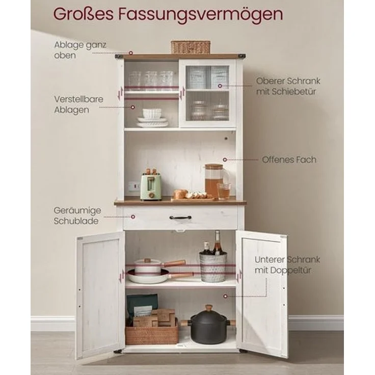 VASAGLE Sideboard mit Beleuchtung und Ladestation, Küchenschrank, Aufbewahrungsschrank, mit Türen und Schubladen, 39,5 x 80,4 x 180,6 cm, verstellbare Ablagen, Landhausstil, vintageweiß – Bild 4