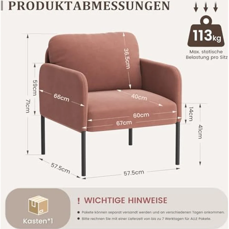 COLAMY Gepolsterter Ohrensessel aus Samt – Moderner Lounge-Sessel mit weicher Rückenlehne, Komfortabler Sessel für Wohnzimmer, Schlafzimmer, Apartment & Leseecke,Rosa – Bild 3