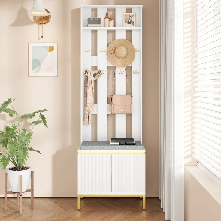 Kompaktgarderobe 60 x 35,5 x 191,5 cm aus MDF und Spanplatte, mit Sitzbank und Schuhschrank – Bild 4