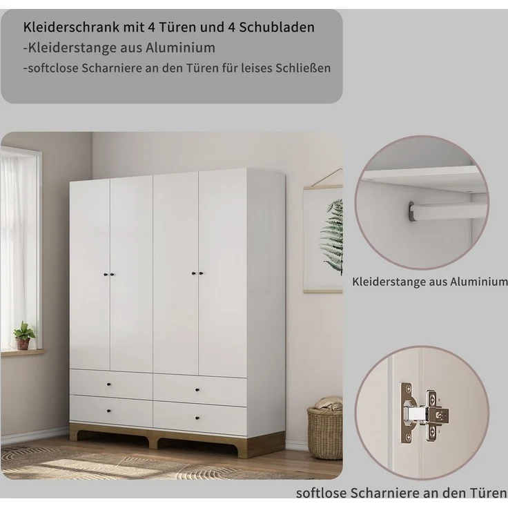 OTTO home Kleiderschrank Oslo Schlafzimmerschrank Garderobe weiß Landhaus Bestseller Schlafzimmerschrank mit 4 Türen und 4 Schubladen, Breite 160cm – Bild 3