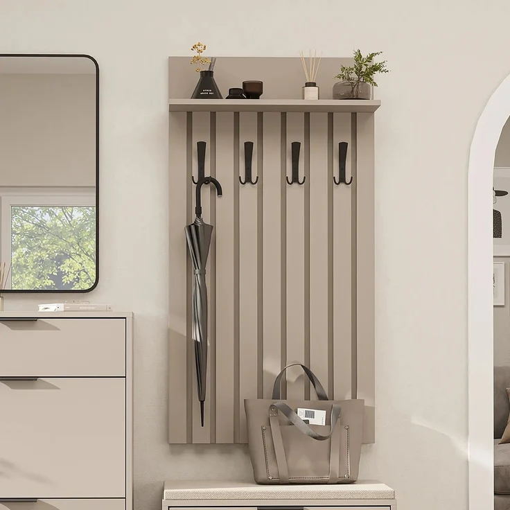 Roomart NORD Garderobenpaneel 130 cm – Wandgarderobe mit 4 Doppelhaken & Hutablage in Lamellenoptik – H 130 x B 69.2 x T 18.6 cm • Beige – Bild 2