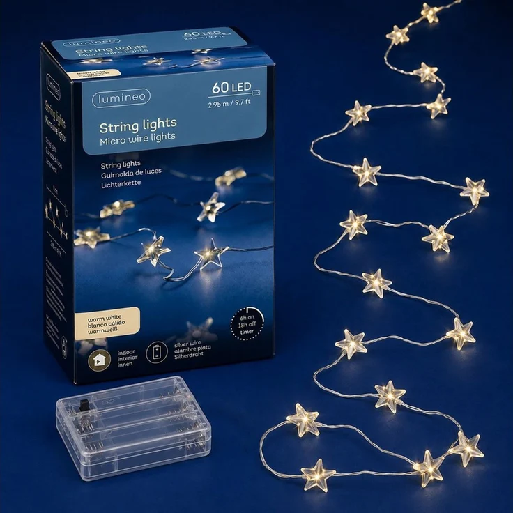 Lumineo LED-Lichterkette, LED Draht Lichterkette 2,95m mit Sternen 60 Micro-LEDs Warmweiß Silber – Bild 1