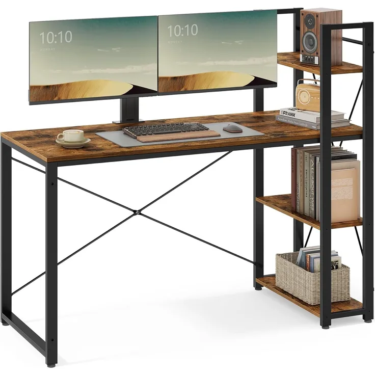 Vasagle Schreibtisch, mit Regalböden rechts oder links, Industrie-Design, Vintagebraun, 60 x 137,2 x 118,7 cm