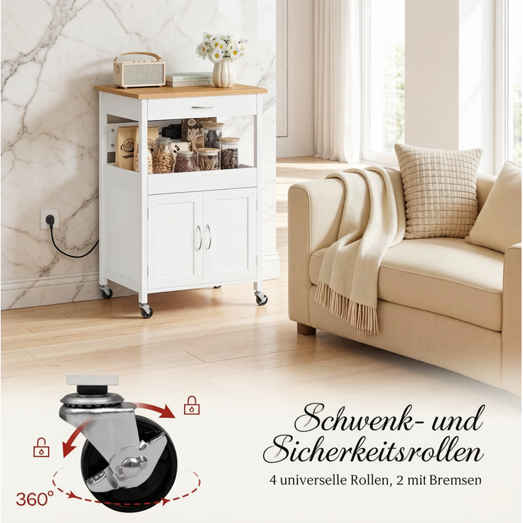 Küchenwagen 60x45x92 cm mit Schublade, Schrank und Rollen – Weiß in Bambus-Optik – Bild 7