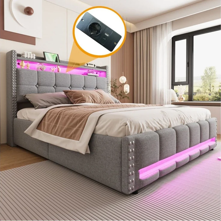 HAUSS SPOLE Polsterbett 160x200 cm mit Matratze Komfortbett, LED-Beleuchtung & USB-Steckdose – Bild 2
