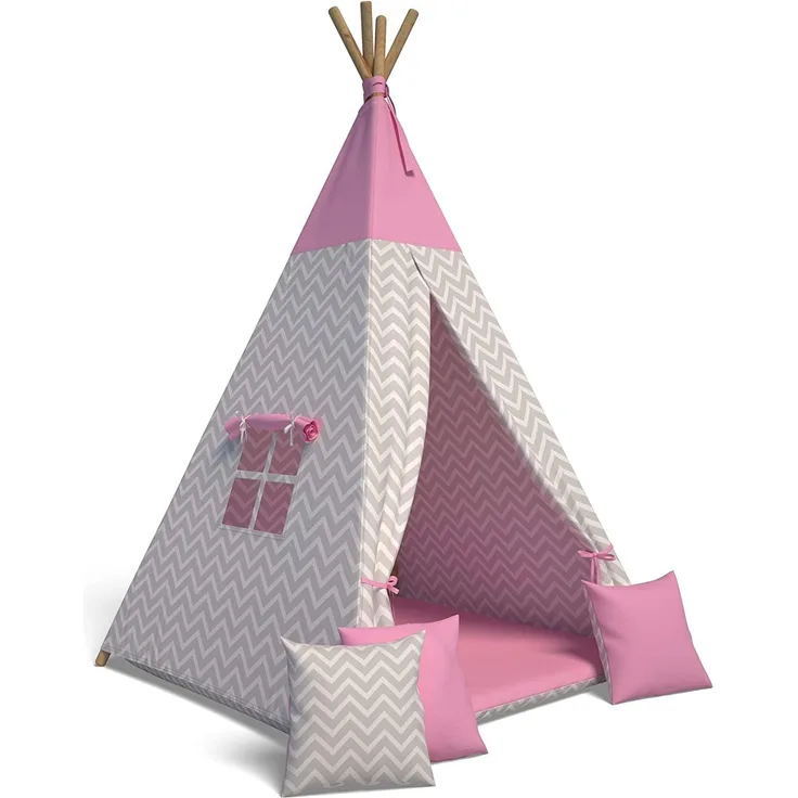 Best For Kids Spielzelt Tipi Zelt Indianer Wigwam für Kinder mit Zubehör (Zickzack rosa)