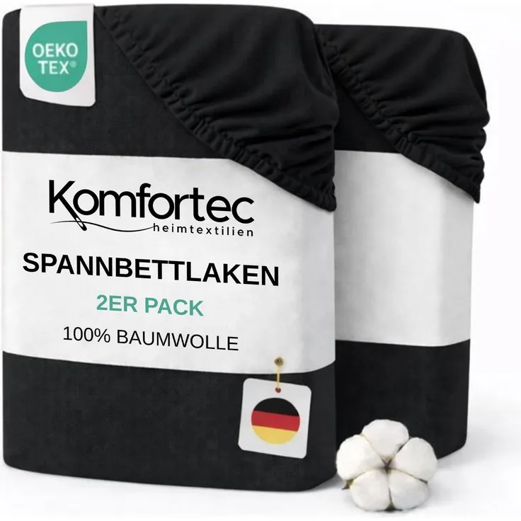 Komfortec Spannbettlaken Jersey 2er Set 100% Baumwolle – 90x200 cm – Weich, Atmungsaktiv & Hautfreundlich – Mit Rundumgummi – Oeko-Tex Zertifiziert – Für Boxspring, Topper & Matratzen – Schwarz