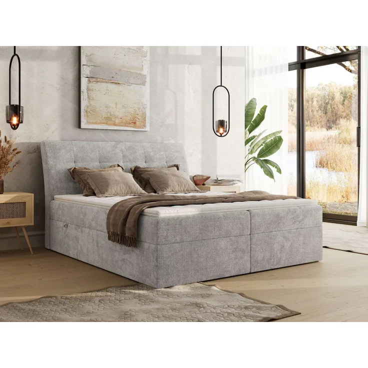 Boxspringbett DAGOS 120x200 cm mit Kopfteil, Lattenrost und Stauraum – Doppelbett mit Matratze & Topper T25 , stabile Konstruktion, Bettkasten, modernes Design - Hellgrau Schenille grob gewebt - H3