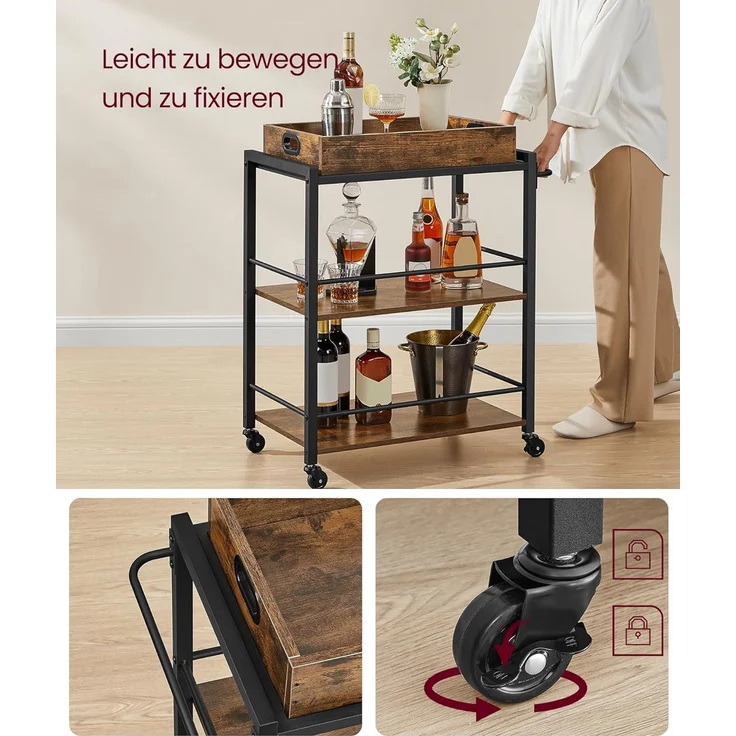 Vasagle Servierwagen mit abnehmbarem Tablett, feststellbarer Küchenwagen mit Universalrollen, Küchenregal, 65 x 40 x 86 cm, stabiles Metallgestell, Industrie-Design, Vintage, dunkelbraun von Songmics LRC72X – Bild 6